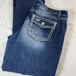 Daytrip Virgo Bootcut Jeans Dark Wash Distressed Pockets Women’s Size 36L